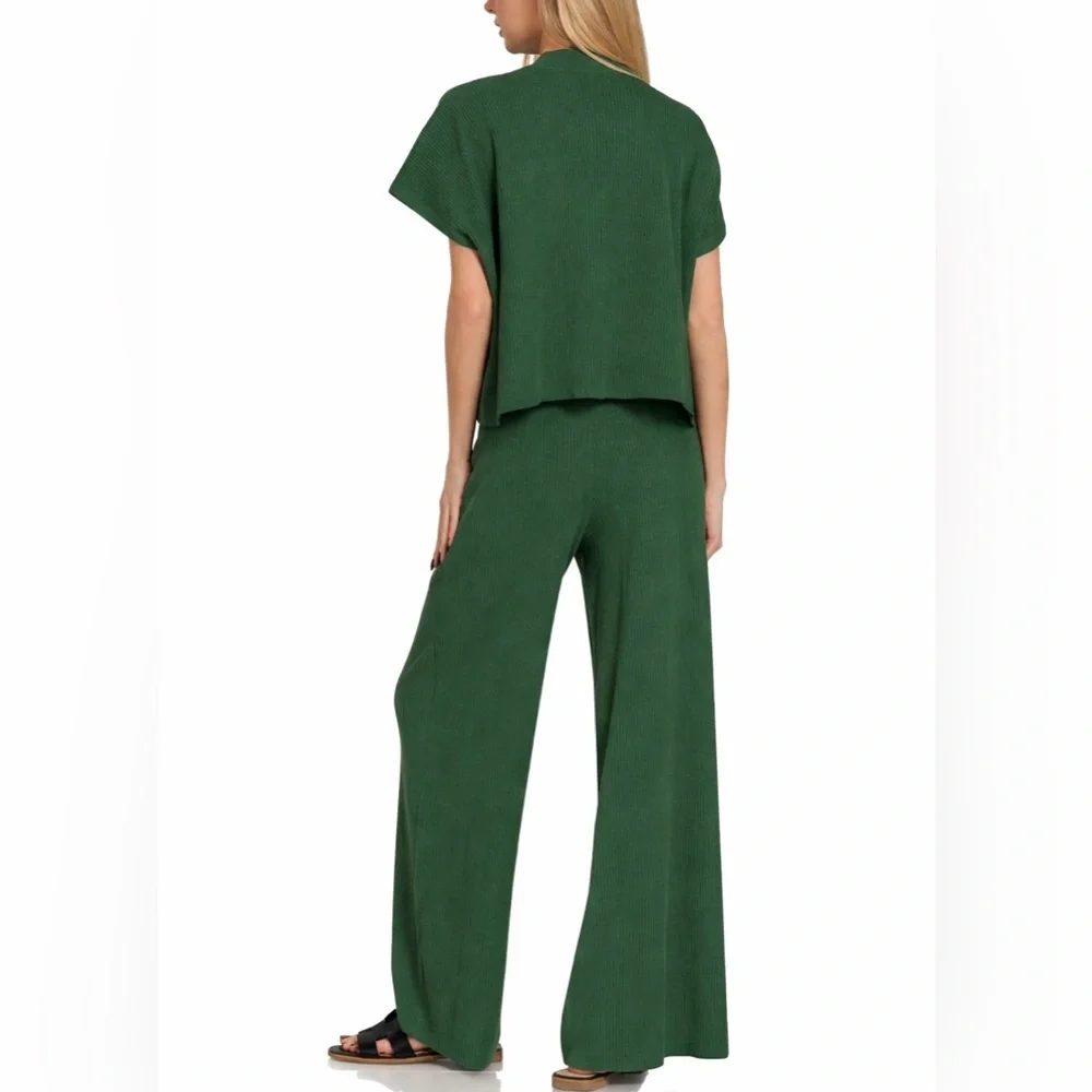 NEW Zenana Dark Green Ribbed Matching Set Size Small Viscose Top High Rise Pants